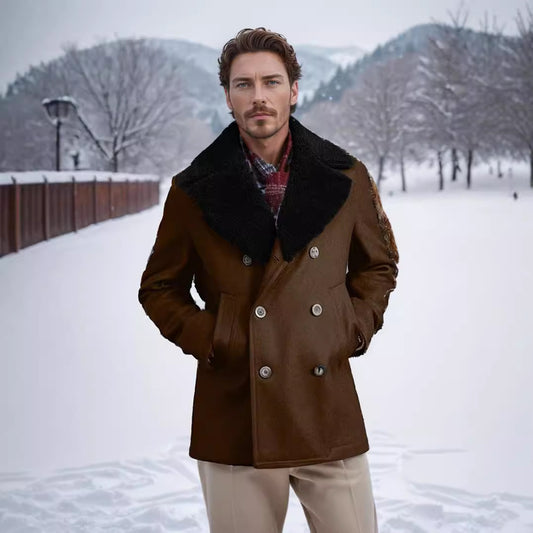 Winter Essential Pea Coat with Faux Fur Collar for Men
