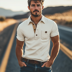 Men's Spring Fashion Casual Slim Suede Splicing Short Sleeve Polo Shirt MTA0215D0K