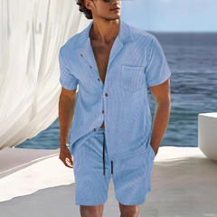 Men's Solid Color Short Sleeve Shorts Holiday Two-piece Set MTA0744D7X