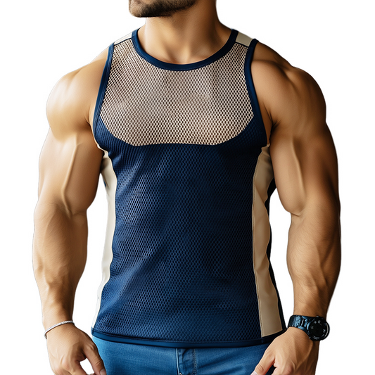 Men's Sportswear Solid Color Mesh Colorblock Round Neck Tank Top MTA0782D8TO