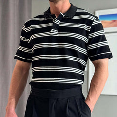 Men's Retro Casual Striped Print Lapel Short Sleeve T-Shirt MTA1427C0TO