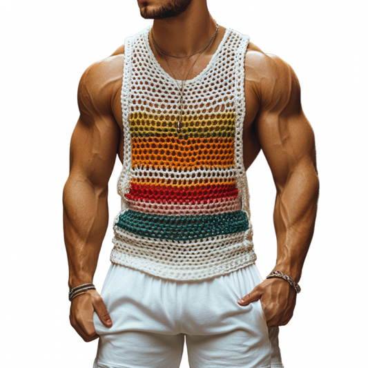 Men's Casual Round Neck Color Striped Crochet Tank Top MTA0774D7M