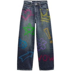 Colorful Graffiti Denim Wide-Leg Jeans and Classic Dark Blue Denim Wide-Leg Jeans