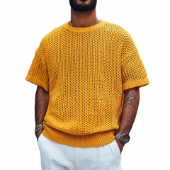 Men's Casual Round Neck Soft Loose Knitted Short Sleeve Sweater T-Shirt MTA0762D4M