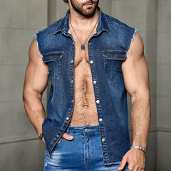 Men's Summer Vintage Dark Blue Denim Vest MTA3156C4U