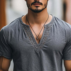 Men's Casual Lace Spliced V-Neck Short Sleeve T-Shirt MTA1868C7X