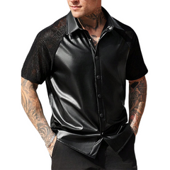 Men's Lace Panel Short Sleeve Leather Shirt MTA3191C8X