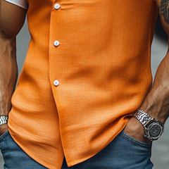 Men's Spring Vintage Fashion Slim Stand Collar Cotton And Linen Short Sleeve Shirt MTA0766D6K