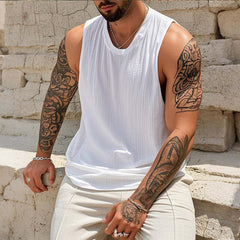 Men's Casual Cotton Linen Pleated Round Neck Loose Tank Top MTA3176C3M