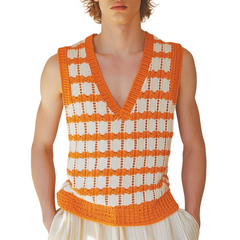 Men's Casual V-Neck Plaid Jacquard Knitted Tank Top MTA0728D1M