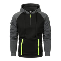 Stylish Contrast Color Hoodie with Functional Pockets and Half-Zip Design for Outdoor Adventures