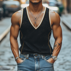 Men's Summer Fashion Casual Deep V-neck Contrast Color Stitching Suede Tank Top MTA0335D5K