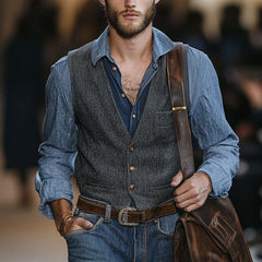 Men's Vintage Dark Gray Blended V-Neck Three-Button Slim Vest 65398648U