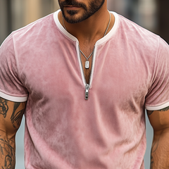 Men's Spring And Summer Fashion Slim V-neck Zipper Suede Short-sleeved T-shirt MTA0702D4K