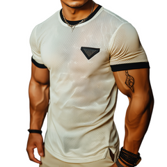 Men's Retro Casual Mesh Fabric Color Block Round Neck Short Sleeve T-Shirt MTA2561C9TO