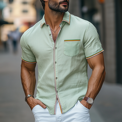 Men's Summer Fashion Casual Colorful Ribbon Stitching Cotton And Linen Short-sleeved Shirt MTA0998D6K