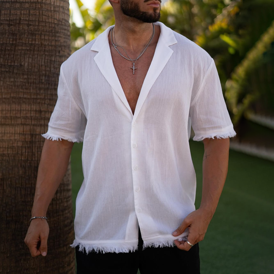 Men's Solid Notch Lapel Single Breasted Short Sleeve Shirt MTA0825D1Z