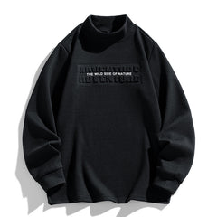 High-Neck Pullover Hoodie with Embossed Adventure Print - Perfect for Casual and Outdoor Wear