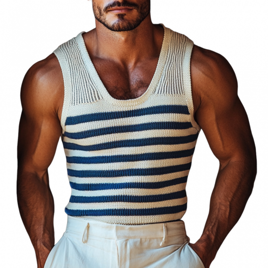 Men's Casual U Neck Navy Striped Slim Fit Knitted Tank Top MTA0898D9M