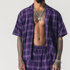 Men's Casual Sports Check Print Linen Shirt Two-Piece Set MTA0962D9TO