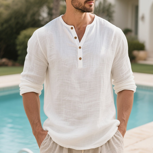 Men's Holiday-Ready Henley Shirt - White, Long-Sleeve, Casual Linen Fabric