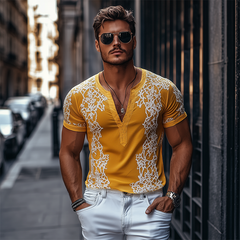 Men's Spring Fashion Deep V Neck Exquisite Embroidery Cotton Short Sleeve T-shirt MTA2644C7K