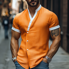 Men's Spring Vintage Fashion Slim Stand Collar Cotton And Linen Short Sleeve Shirt MTA0766D6K