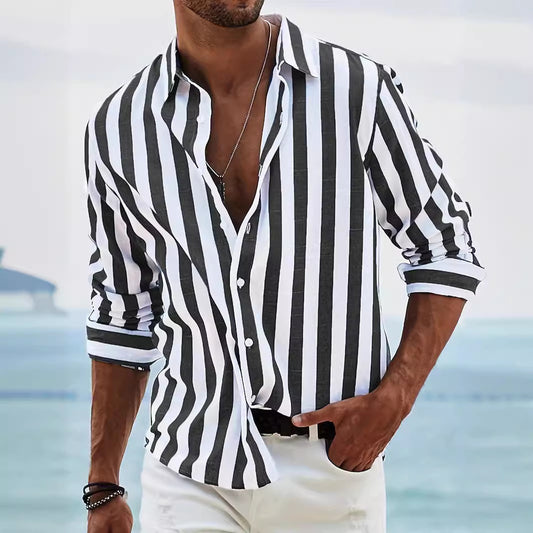 Striped Casual Button-Up Shirt For Men - Perfect For Summer And Spring Outfits