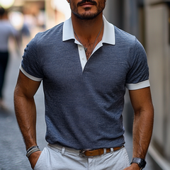 Men's Casual Comfort Cotton Linen Colorblock Lapel Slim Fit Short Sleeve Polo Shirt MTA0232D2M