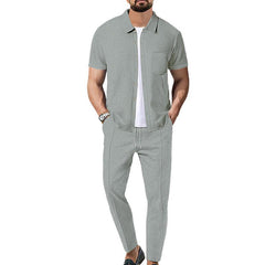 Men's Waffle Solid Color Short Sleeve Shirt And Pants Set 59383797X