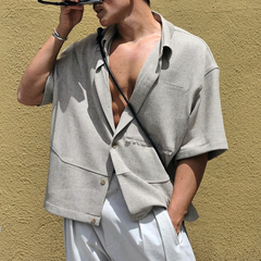 Men's Solid Lapel Single Breasted Short Sleeve Shirt MTA0156D3Z