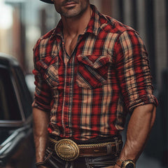 Men's Spring & Summer Fashion Flannel Shirt: Brushed Check Pattern, Premium Long-Sleeve with Dual Pockets