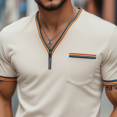 Men's Spring And Summer Fashion Casual V-neck Pocket Suede Short Sleeve T-shirt MTA0854D5K