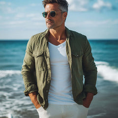 Men's Spring And Autumn Army Green Cotton And Linen Long Sleeve Shirt MTA1895C9U