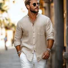 Men's Casual Skin-friendly Cotton And Linen Long-sleeved Shirt 80374477U