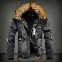 Winter Warm Denim Jacket with Faux Fur Collar - Stylish and Cozy Outerwear for Men