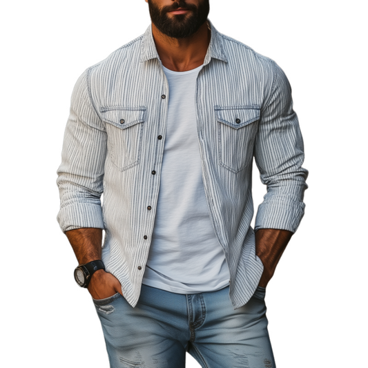 Men's Casual Comfort Cotton Linen Striped Lapel Chest Pocket Loose Long Sleeve Shirt MTA2792C0M
