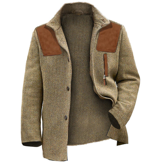Men's Herringbone Blazer Suede Stitching Retro Business Casual Coat