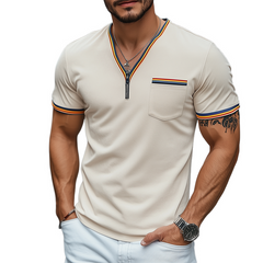Men's Spring And Summer Fashion Casual V-neck Pocket Suede Short Sleeve T-shirt MTA0854D5K