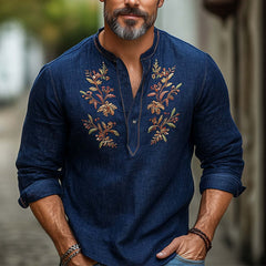 Men's Navy Blue Cotton And Linen Vintage Embroidered Long Sleeve T-Shirt 43526691U