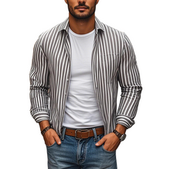 Men's Casual Comfort Cotton Linen Striped Lapel Chest Pocket Loose Long Sleeve Shirt MTA2798C4M
