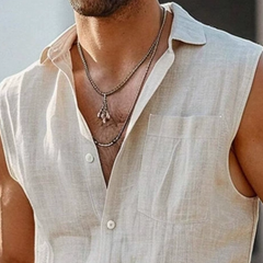 Men's Casual Linen Lapel Sleeveless Shirt Elastic Waist Loose Shorts Set 60880237M