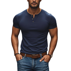 Men's Casual Comfortable Cotton Henley Collar Slim Fit Short Sleeve T-Shirt MTA2758C3M