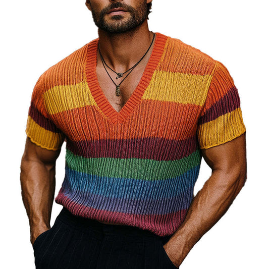 Men's Rainbow Knit V-Neck Short Sleeve Sweater T-Shirt MTA1773C8X
