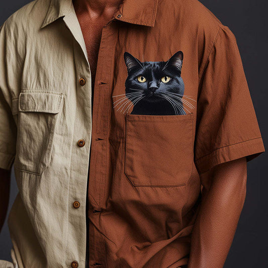 Men's Retro Cat Print Contrast Short Sleeve Shirt MTA2648C6P