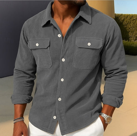 Men's Casual Corduroy Shirt With Chest Pockets - Perfect For Fall And Winter Outfits