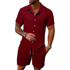 Men's Solid Color Striped Lapel Short Sleeve Shorts Casual Set 63428764X
