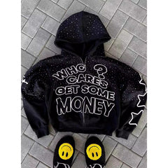 Stylish "Who Cares Get Some Money" Graphic Hoodie with Starry Night Design
