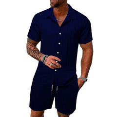 Men's Solid Color Striped Lapel Short Sleeve Shorts Casual Set 63428764X