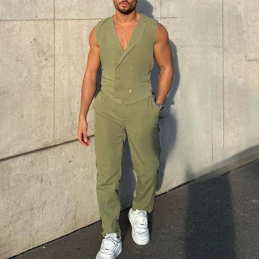 Men's Solid Notch Lapel Double Breasted Vest Trousers Casual Set MTA0872D5Z